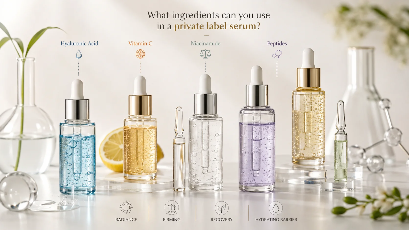 Assorted bottles of private label serums with ingredients like hyaluronic acid, vitamin C, niacinamide, and peptides, displayed on a white surface with greenery.